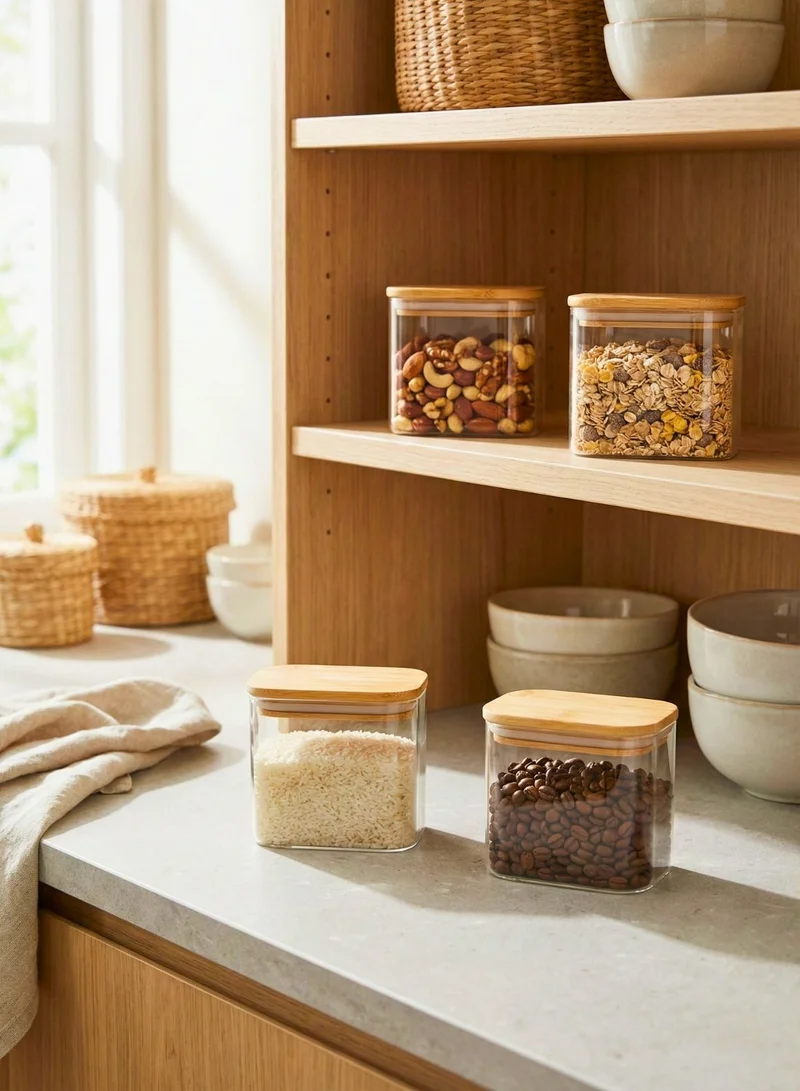 1 تشيس علب تخزين زجاجية مستطيلة بأغطية من الخيزران - 900 مل، طقم من 4 قطع